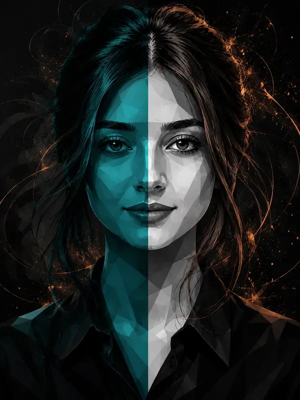 Create a split-face composition. One half of the face is rendered in deep teal… — GPT Image 2 prompt by @AiwithLariab