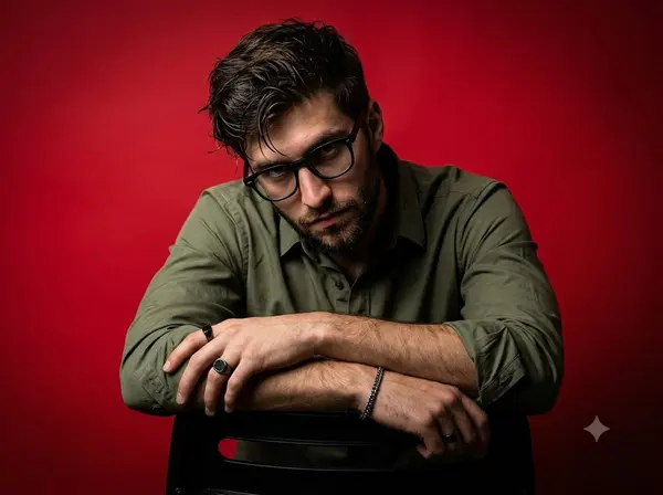 A dramatic, high-contrast studio portrait of a man with dark messy hair and a… — Nano Banana 2 prompt by @Sheldon056