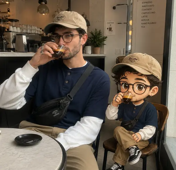 A realistic lifestyle photo inside a modern minimalist coffee shop. A stylish… — GPT Image 2 prompt by @Taaruk_