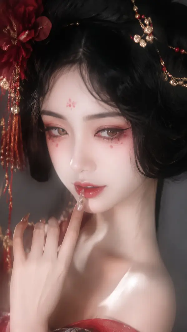 画幅比例：9:16。冷白高亮美颜、手机人像近摄压缩、强磨皮柔肤、轻微锐化、妆面局部高光，真人摄影古风妆造特写。年轻女性古典仕女造型，近景大头半身裁切，略高于平视… — AI Model prompt by @nanyuan0412