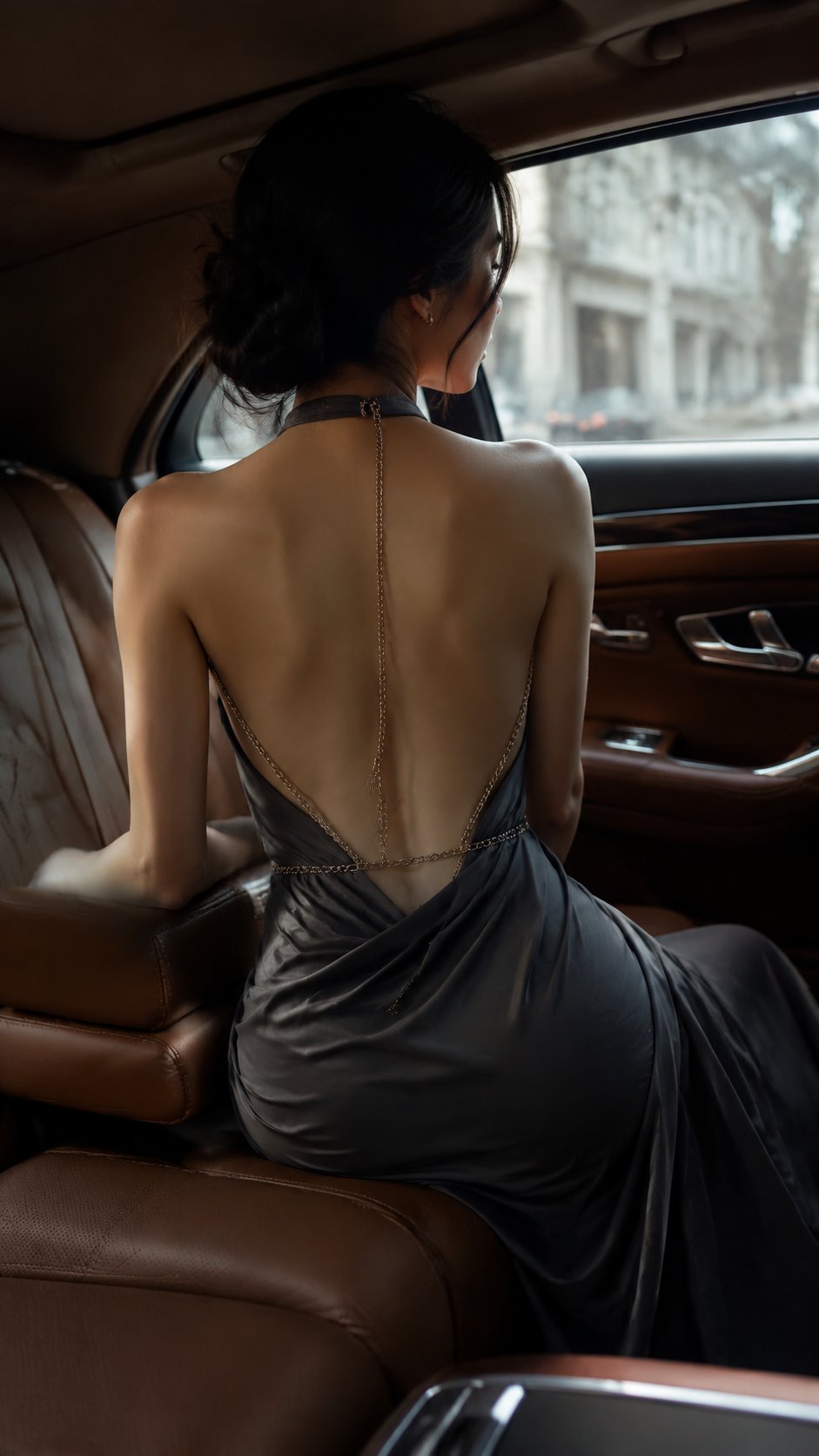 Realistic backless fashion editorial inside a luxury car, vertical 9:16. An… — GPT Image 2 prompt by @MrLarus