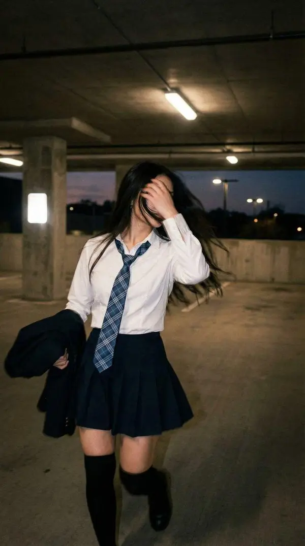 Candid portrait of a young woman in a dim parking garage, wearing a white shirt… — GPT Image 2 prompt by @Ciri_ai