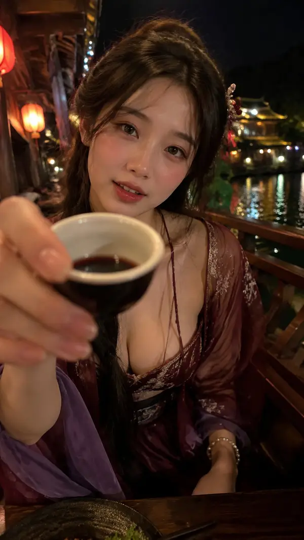 生成一张 9:16 竖版高清写实古风 POV 敬酒互动写真，主题是【场景 + 动作】。 画面要像朋友用手机在古风夜游途中近距离抓拍到的真实瞬间，不是商业大片，不… — GPT Image 2 prompt by @MrLarus
