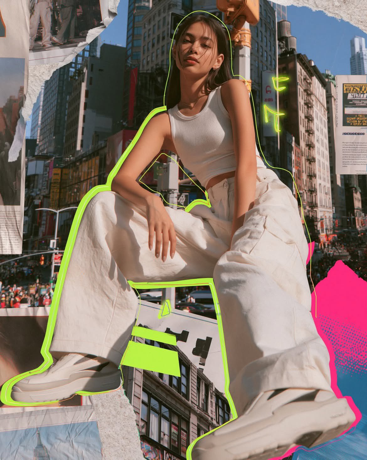 Photorealistic mixed media fashion collage of a cool young woman in a modern… — GPT Image 2 prompt by @Sairah_0