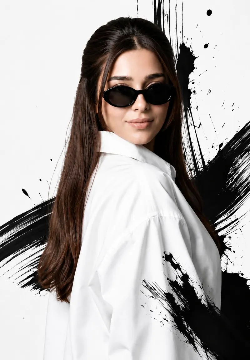 Semi-realistic luxury editorial portrait, oversized crisp white shirt, sleek… — GPT Image 2 prompt by @AiwithLariab