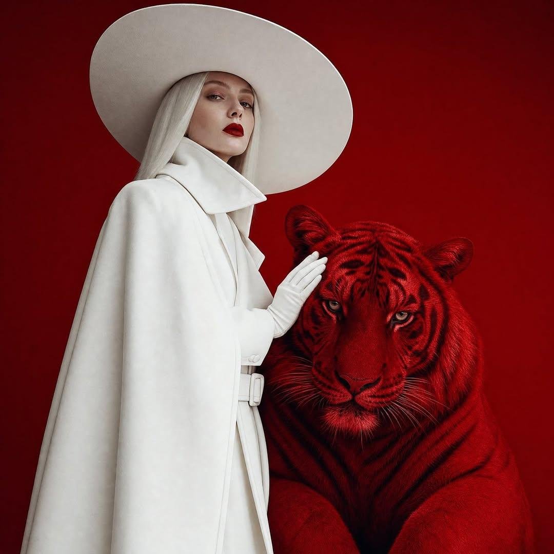 Surreal fashion editorial portrait, woman in full white wide-brim hat and long… — GPT Image 2 prompt by @Goodmanprotocol