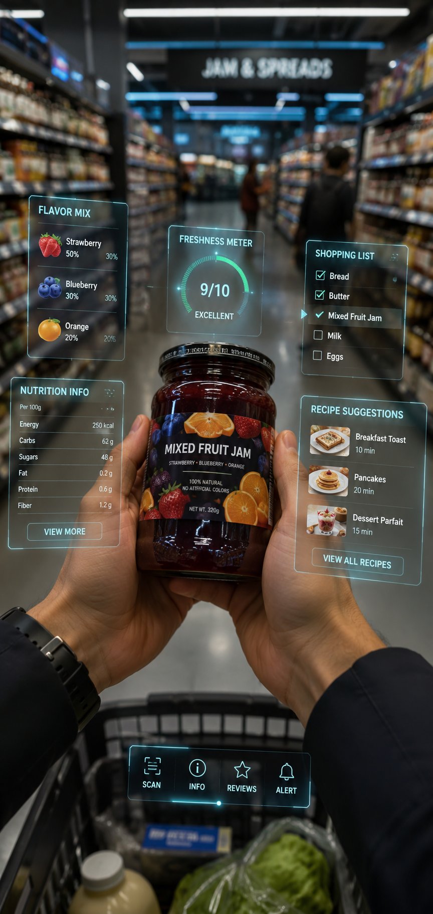 A first-person point-of-view (POV) shot inside a modern supermarket aisle. The… — AI-generated image by @harboriis using GPT Image 2