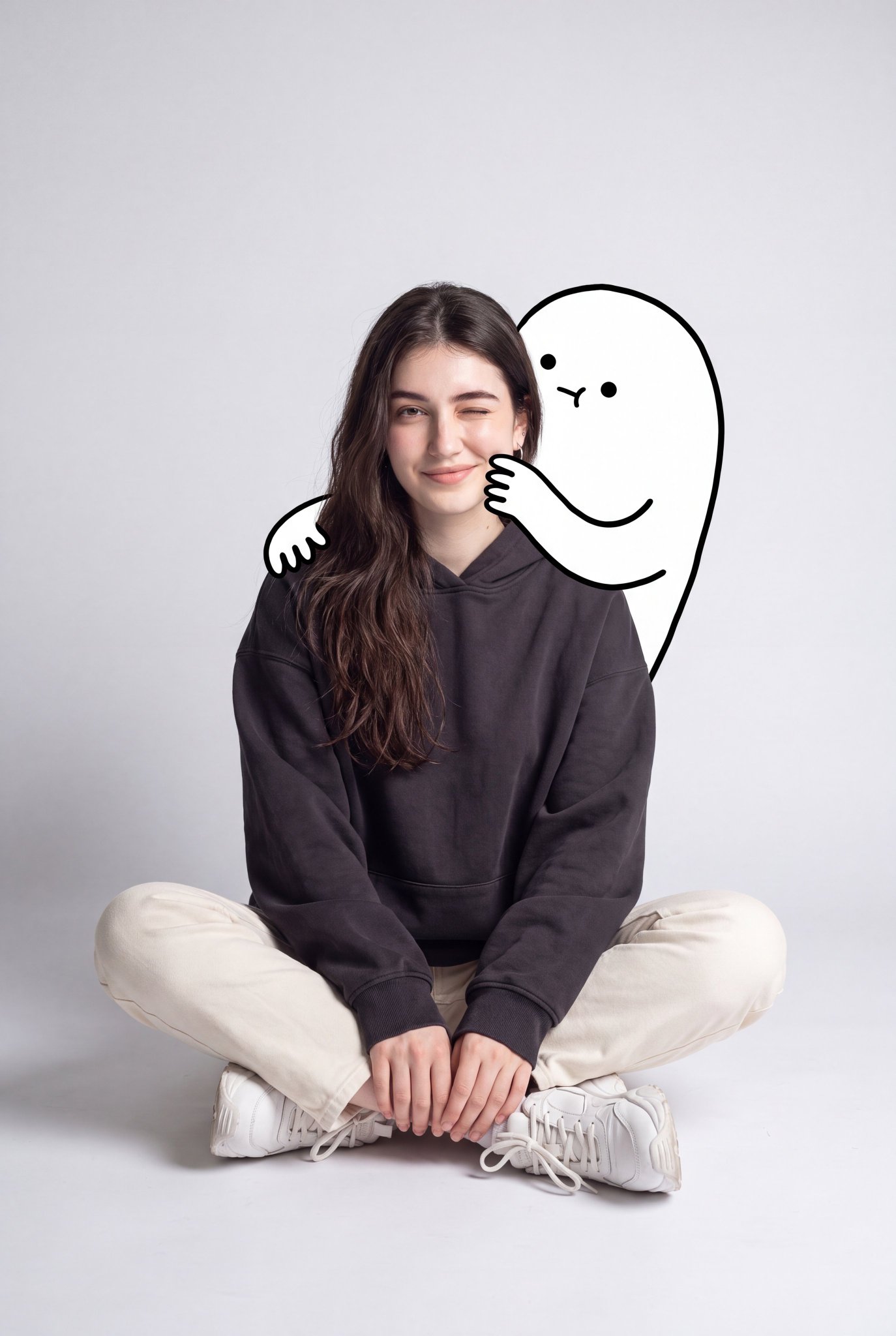 A cute minimalist portrait of a young woman sitting casually on the floor in a… — AI-generated image by @ZaraIrahh using Nano Banana 2
