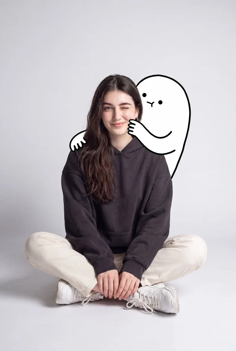 A cute minimalist portrait of a young woman sitting casually on the floor in a… — Nano Banana 2 prompt by @ZaraIrahh