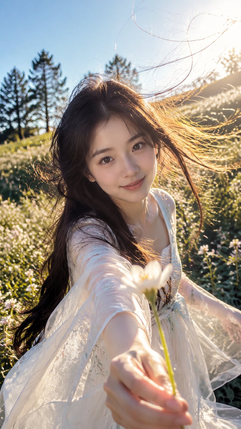 生成一张 9:16 竖版高清写实人物写真摄影图，主题是 POV 阳光献花抓拍。 画面像朋友用手机近距离抓拍到的真实瞬间，第一人称 POV… — GPT Image 2 prompt by @MrLarus