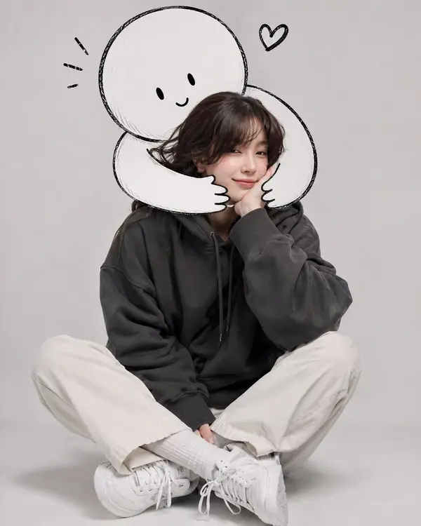 A cute minimalist portrait of a young woman sitting casually on the floor in a… — GPT Image 2 prompt by @Shorelyn_