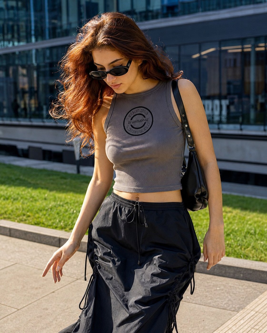 Street-style fashion portrait of young woman with long wavy auburn hair glowing… — GPT Image 2 prompt by @meng_dagg695