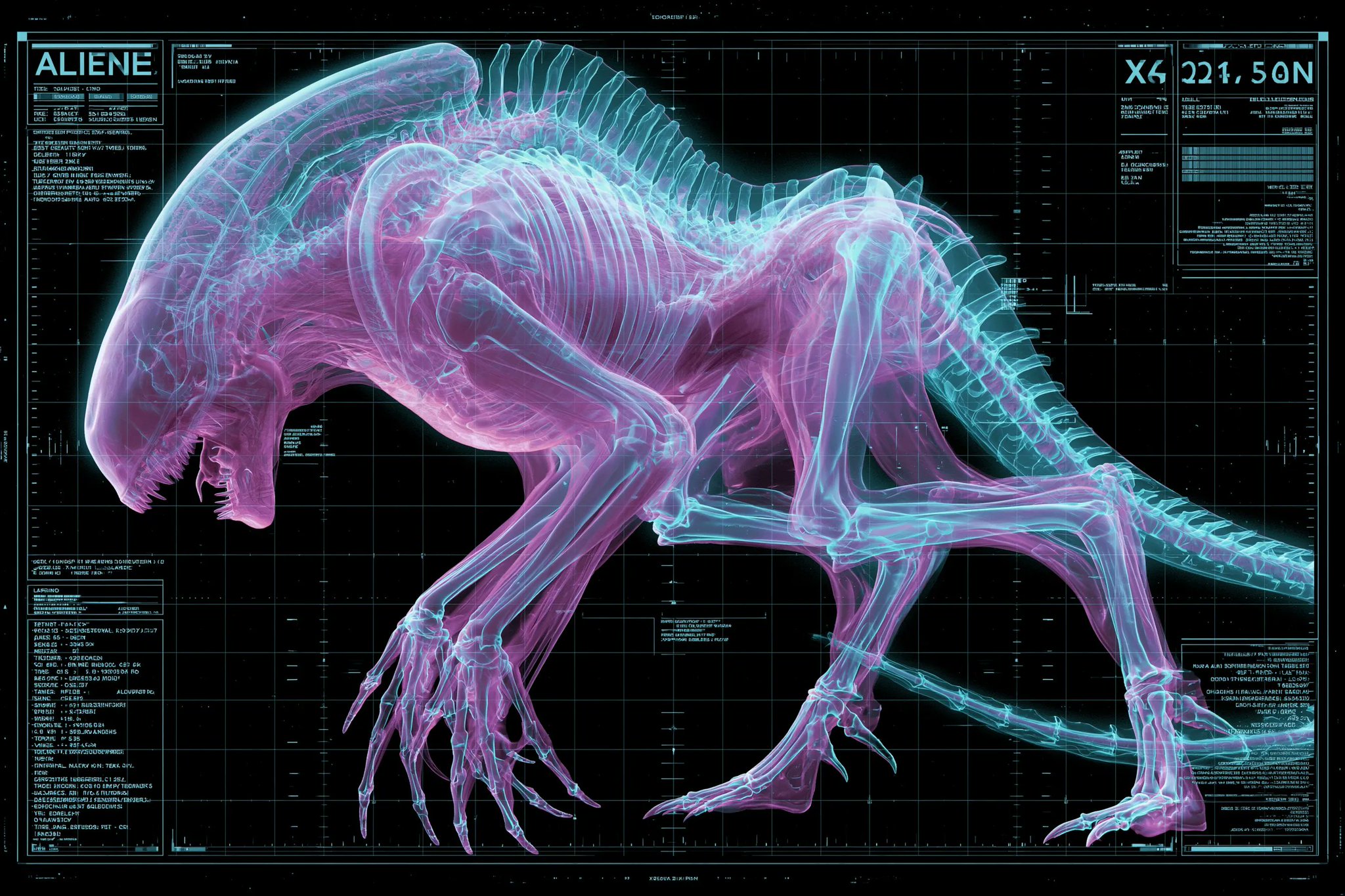 An X-ray scan of a [subject], bones and internal structures glowing in neon… — AI Model prompt by @azed_ai
