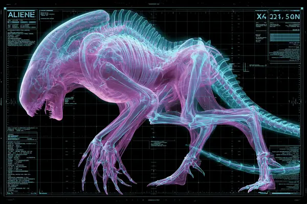 An X-ray scan of a [subject], bones and internal structures glowing in neon… — AI Model prompt by @azed_ai