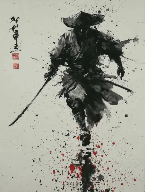 A lone samurai / ronin warrior rendered in traditional Japanese sumi-e ink wash… — GPT Image 2 prompt by @SimplyAnnisa