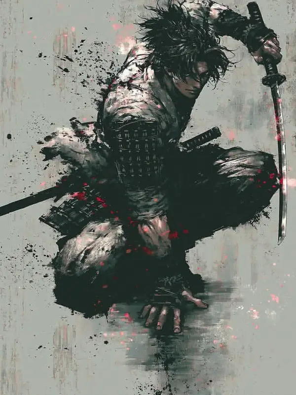 A lone samurai warrior in dynamic battle pose, messy spiky black hair partially… — GPT Image 2 prompt by @kingofdairyque