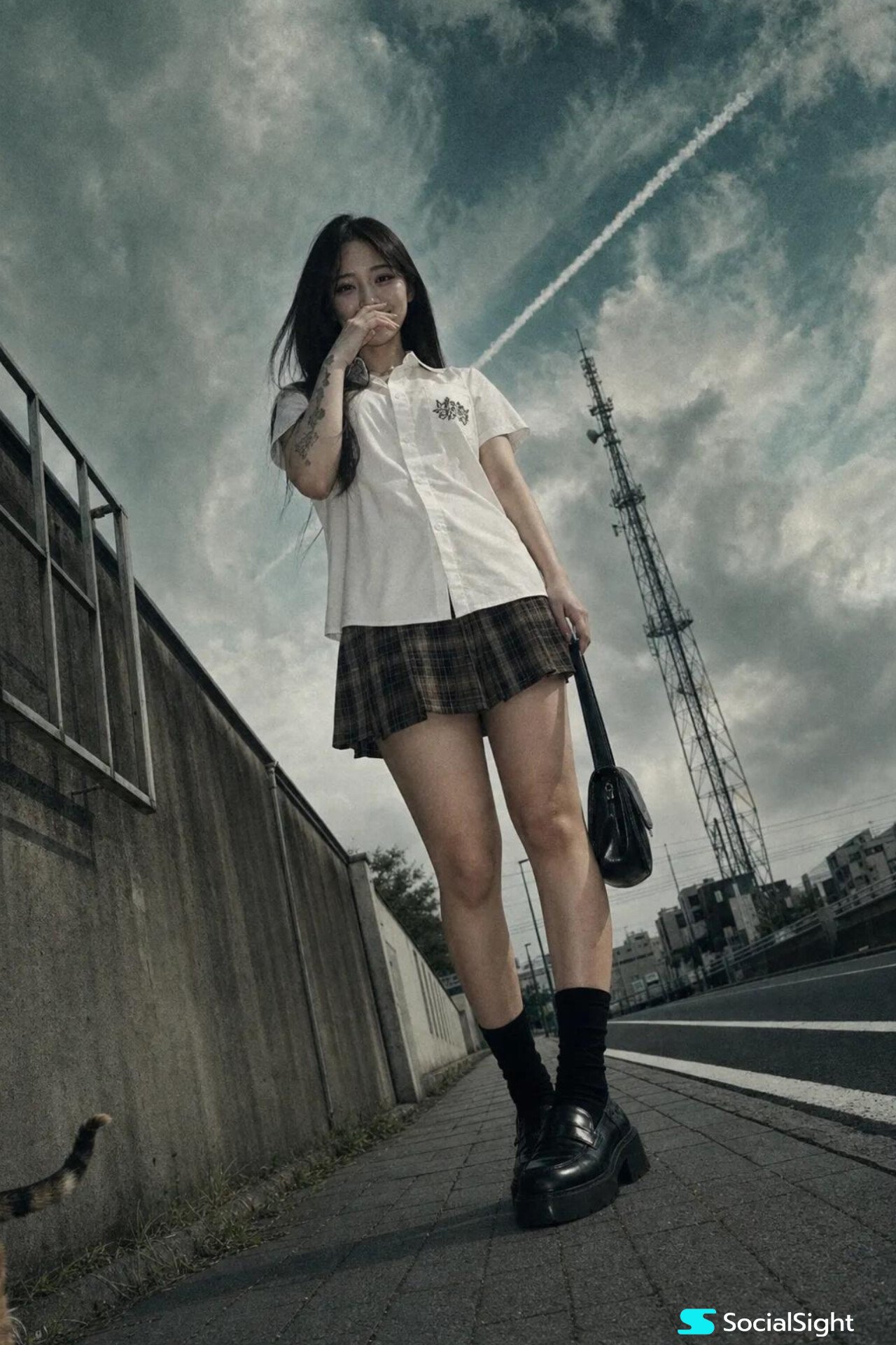 A cinematic, low-angle urban portrait taken with a cheap 2004 pocket digital… — GPT Image 2 prompt by @ChillaiKalan__