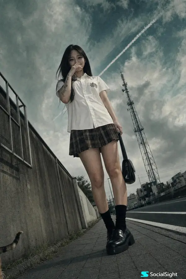 A cinematic, low-angle urban portrait taken with a cheap 2004 pocket digital… — GPT Image 2 prompt by @ChillaiKalan__