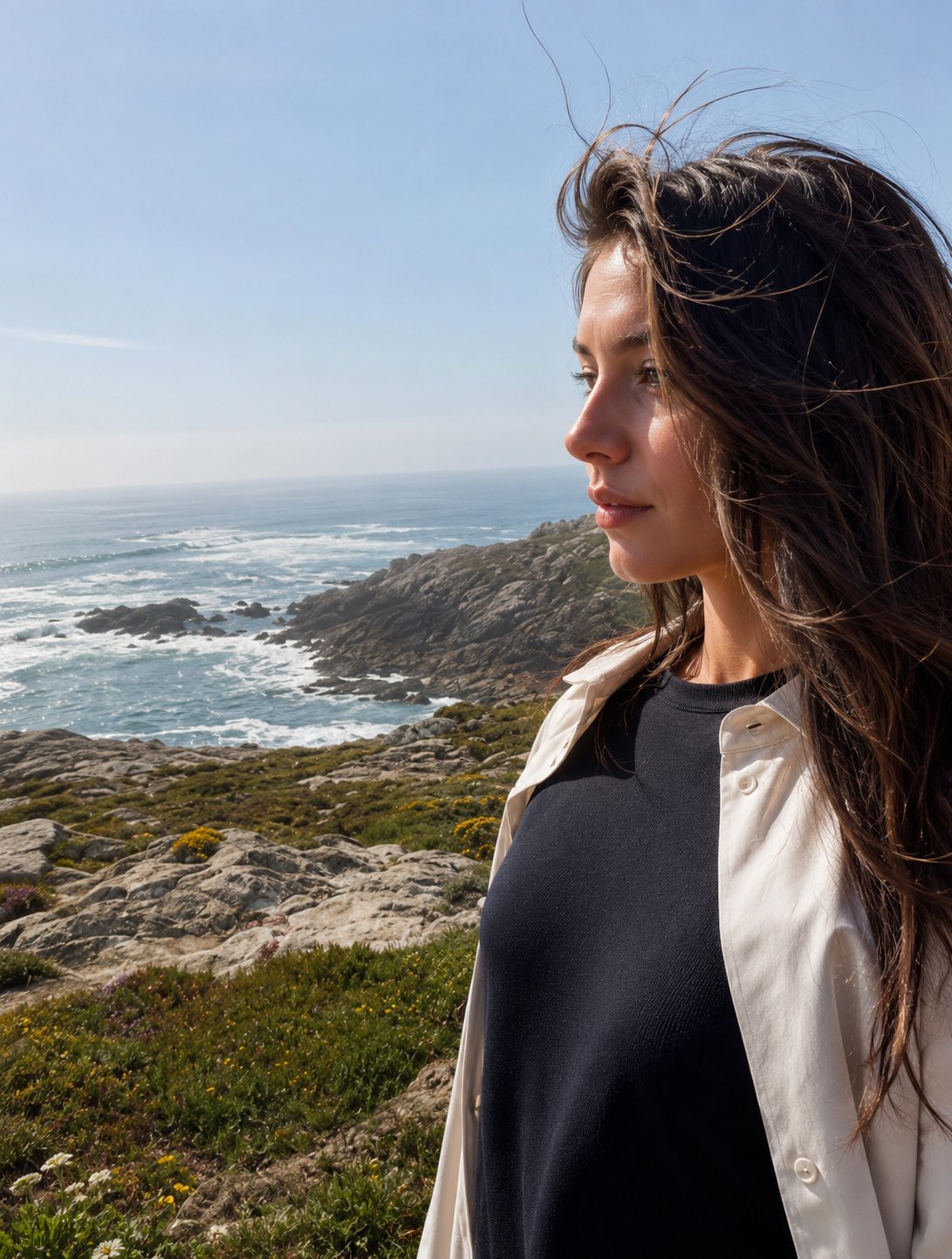 Ultra-realistic DSLR coastal portrait of a different beautiful woman standing… — AI-generated image by @oju689 using AI Model