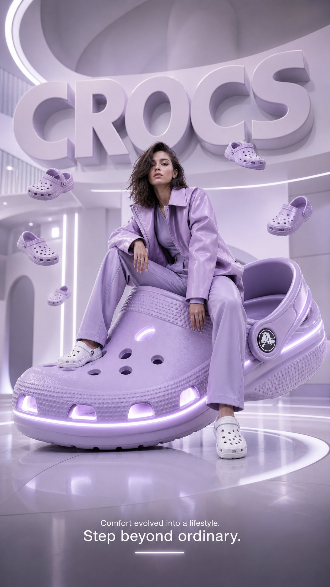 A futuristic high-fashion advertising poster for Crocs, blending luxury fashion… — GPT Image 2 prompt by @kingofdairyque
