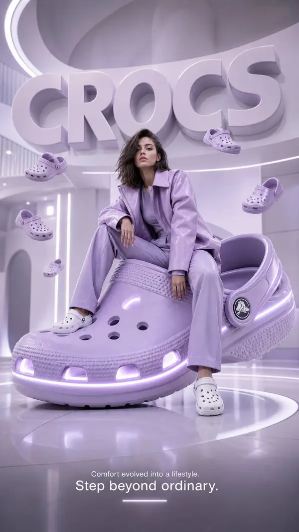 A futuristic high-fashion advertising poster for Crocs, blending luxury fashion… — GPT Image 2 prompt by @kingofdairyque