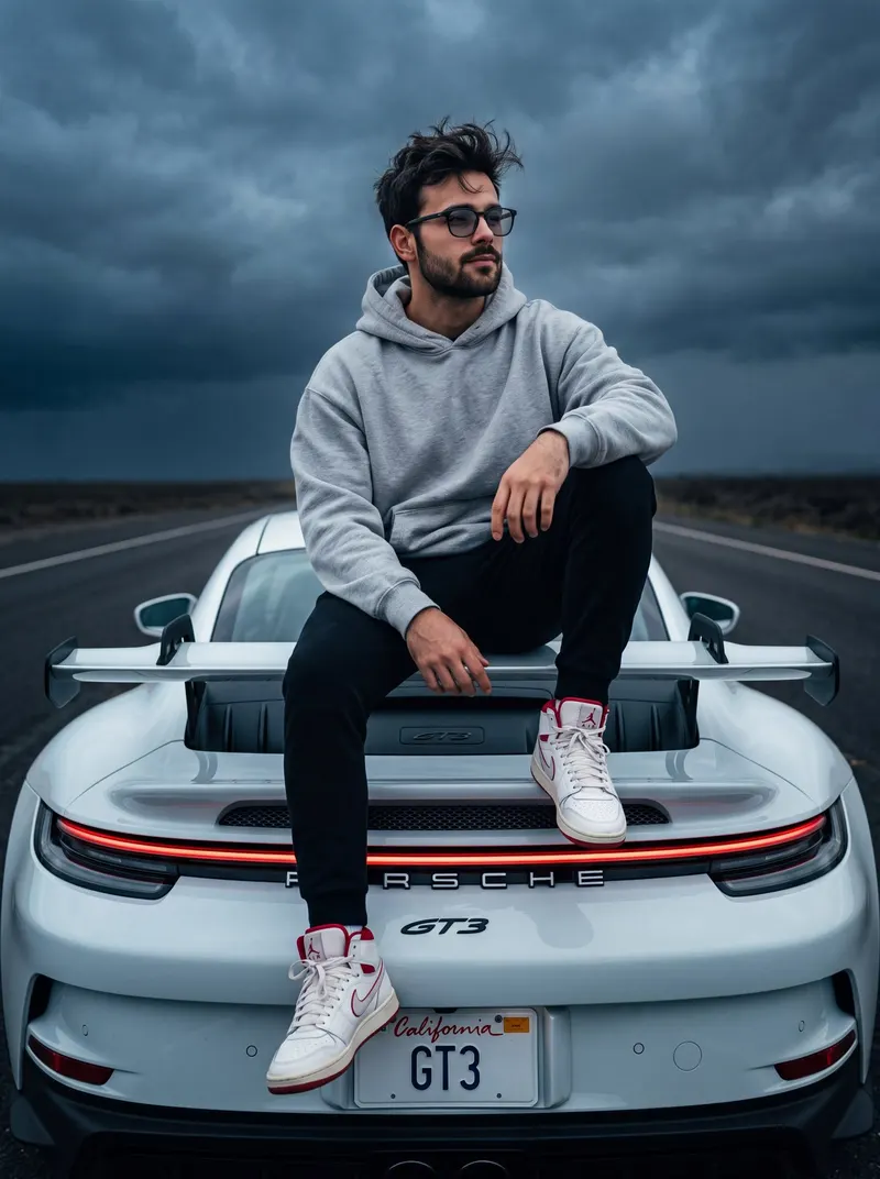Ultra-realistic cinematic portrait of a young man sitting casually on the rear… — Nano Banana 2 prompt by @rovvmut_