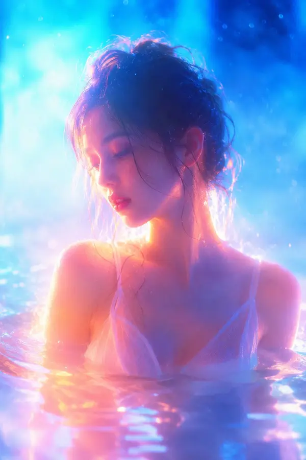 梦幻柔焦霓虹影像风插画，2:3，主体为【xxx】，被明亮青蓝色与湖蓝色大面积包围，背景清透、潮湿、空灵，带有水汽、雾气、柔和颗粒和轻微胶片噪点。主体由暖橙色、蜜… — AI Model prompt by @yyyole