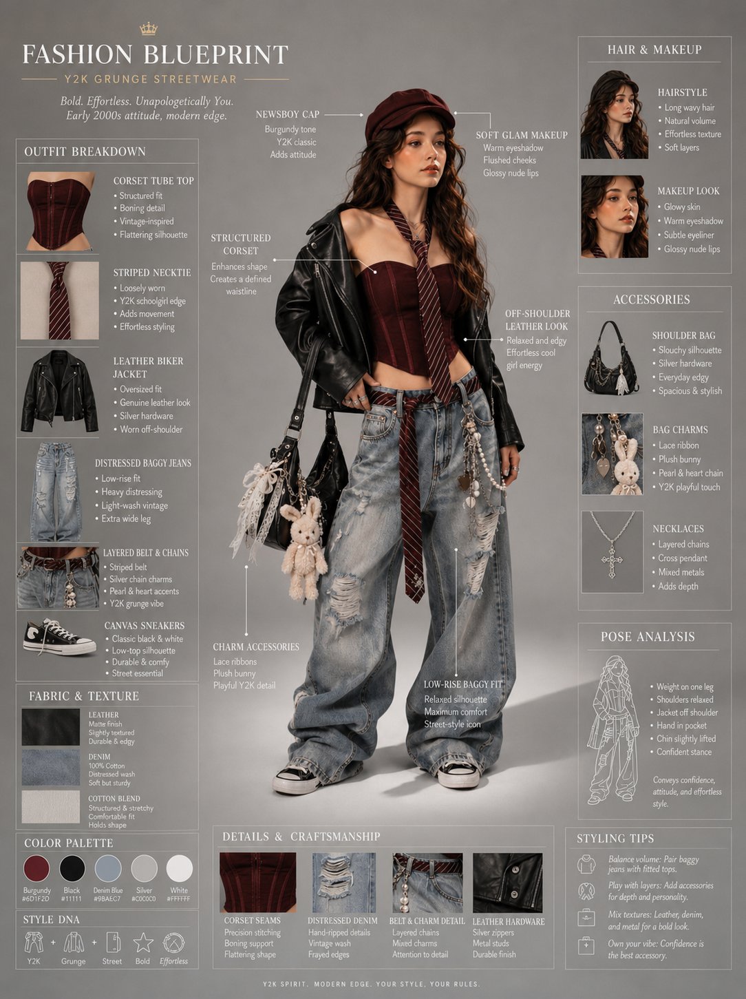 Fashion blueprint sheet of a trendy young woman in Y2K grunge streetwear,… — GPT Image 2 prompt by @ZephyraLeigh