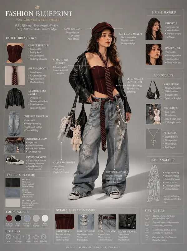 Fashion blueprint sheet of a trendy young woman in Y2K grunge streetwear,… — GPT Image 2 prompt by @ZephyraLeigh