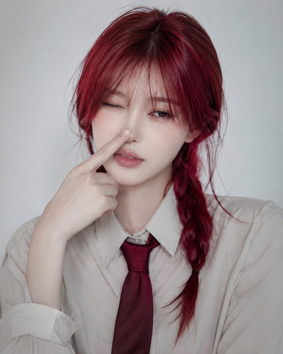 Ultra-realistic portrait of a beautiful young woman with long crimson-red hair… — GPT Image 2 prompt by @saniaspeaks_