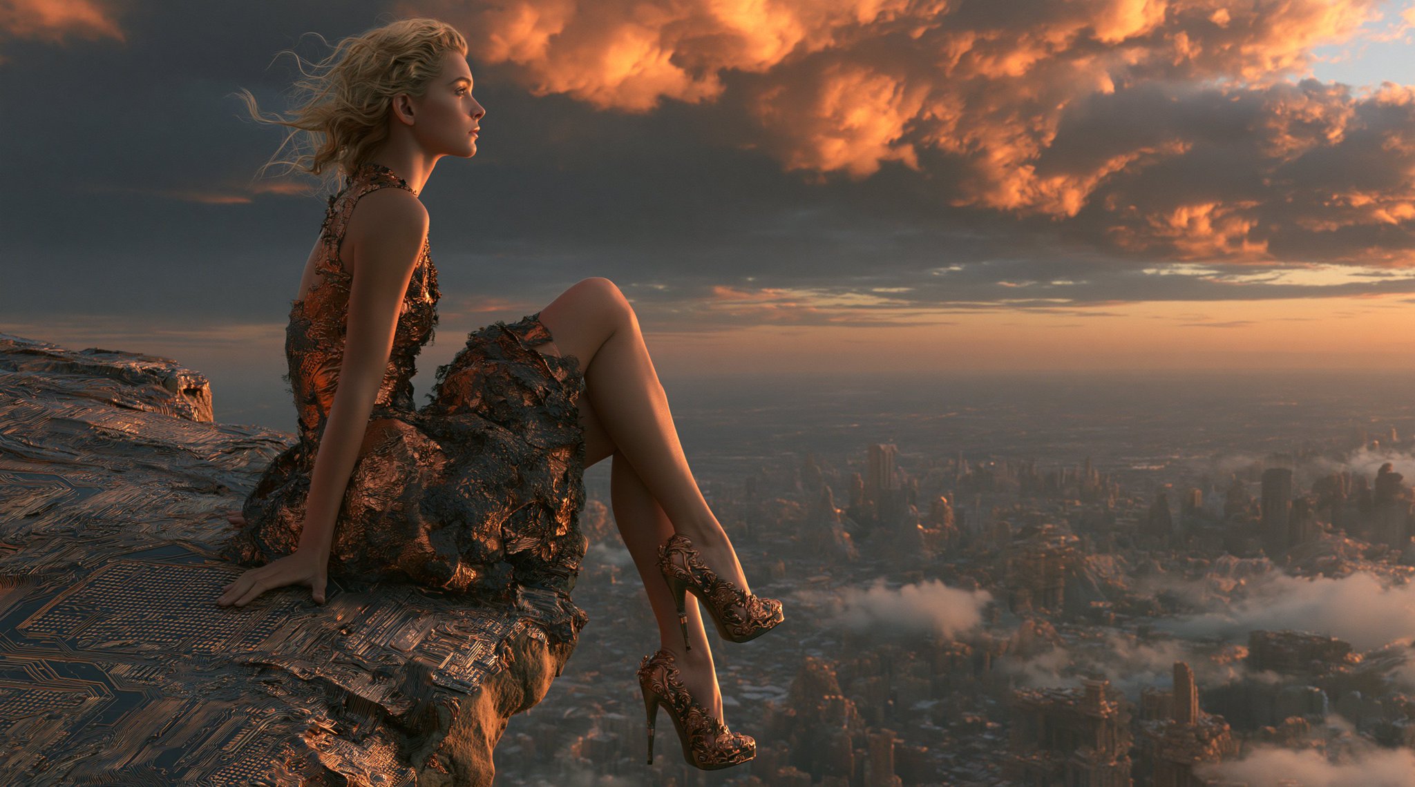 A blonde woman sitting on a rocky ledge high above a futuristic, sprawling… — AI Model prompt by @AllaAisling