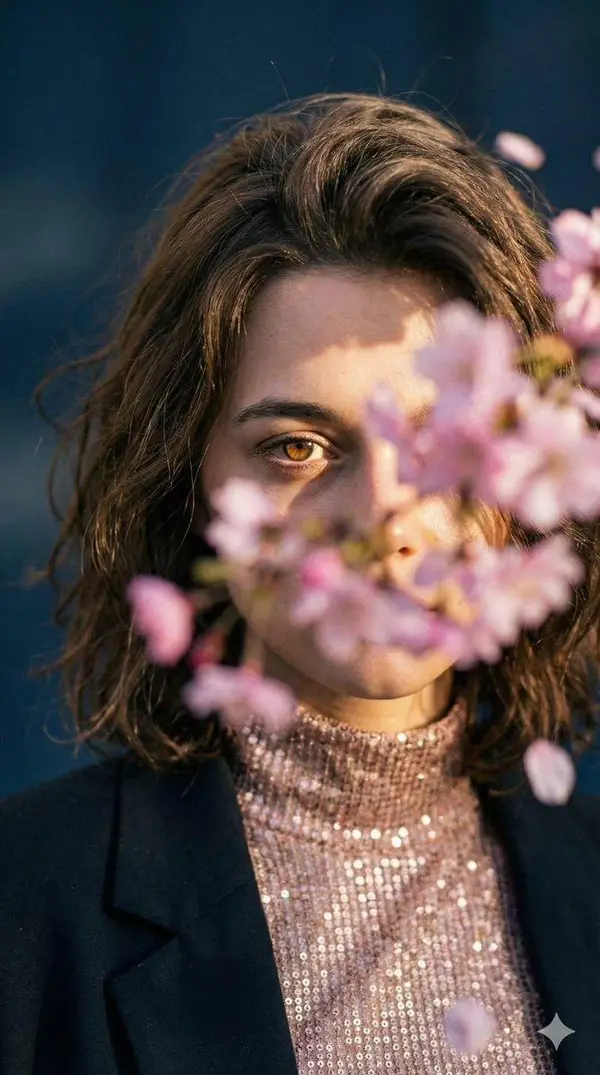 Poetic cinematic close-up portrait of a young woman partially obscured by soft… — Nano Banana 2 prompt by @ChillaiKalan__