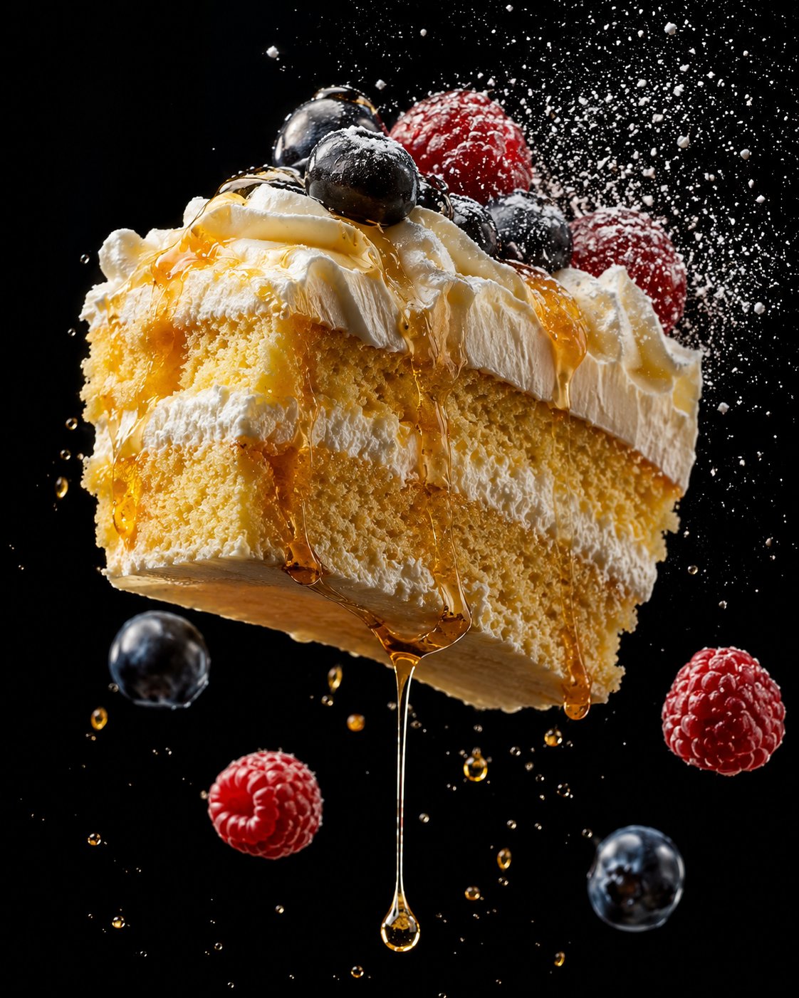 Tight close-up levitation food shot, strawberry shortcake layers floating… — Midjourney prompt by @meng_dagg695