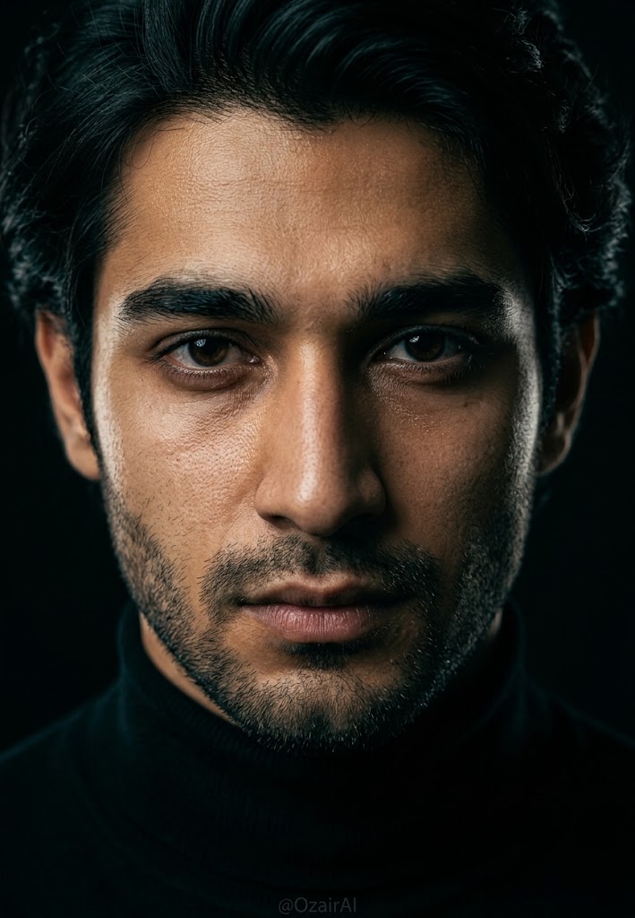 Extreme closeup cinematic portrait of an American white man with sharp jawline… — AI-generated image by @Ozayrr_irl using Nano Banana 2