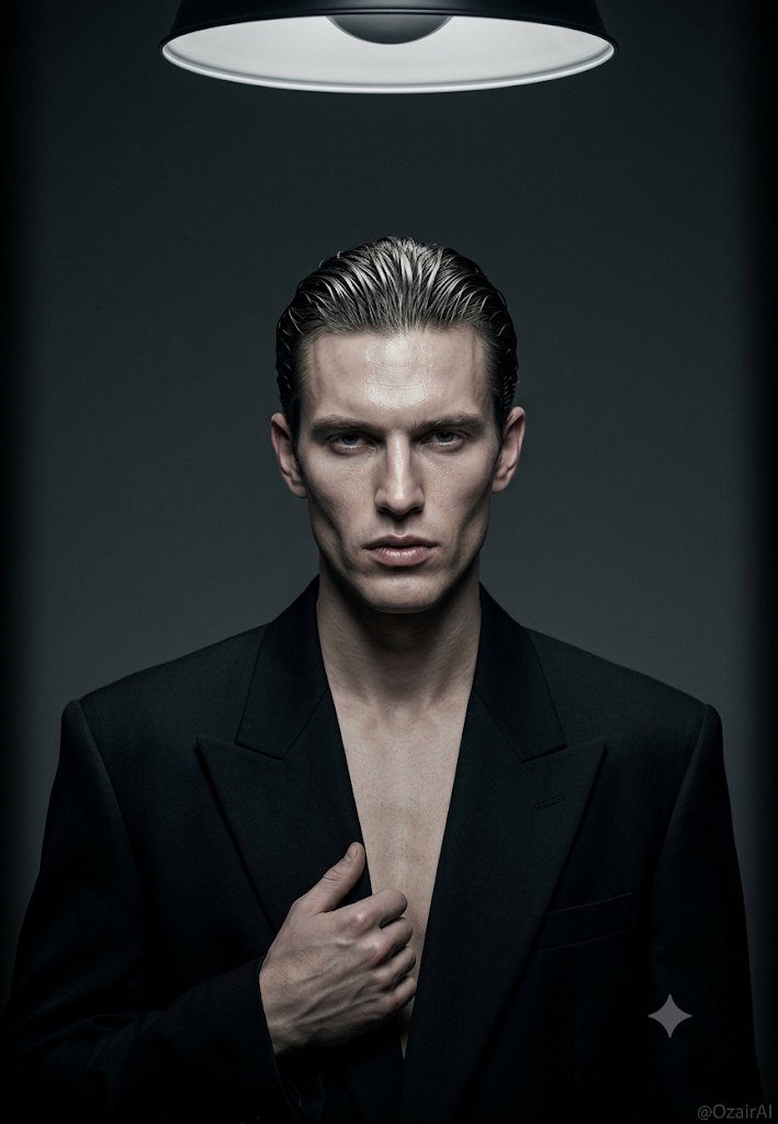 A dramatic cinematic studio portrait of a handsome male model with sharp… — AI-generated image by @Ozayrr_irl using Nano Banana 2