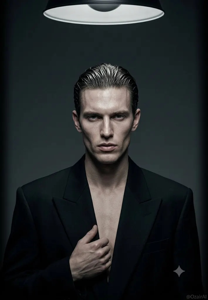A dramatic cinematic studio portrait of a handsome male model with sharp… — Nano Banana 2 prompt by @Ozayrr_irl