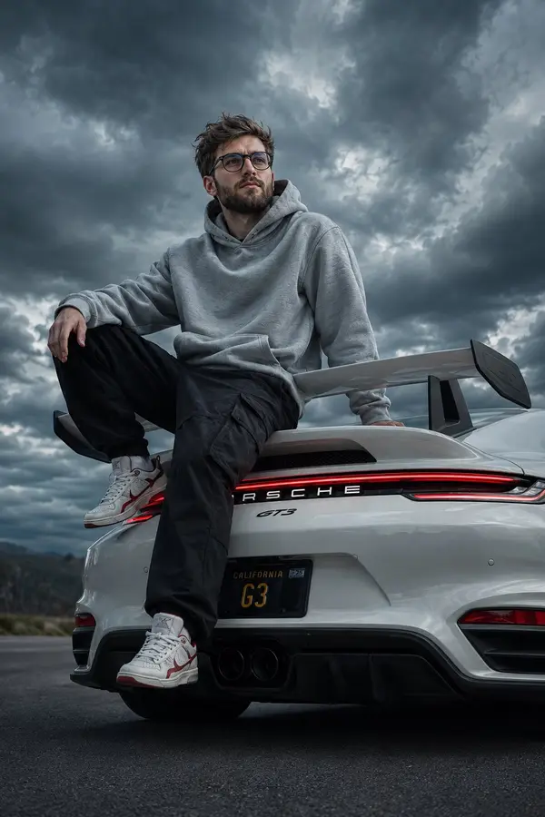 Ultra-realistic cinematic portrait of a young man sitting casually on the rear… — GPT Image 2 prompt by @Sheldon056