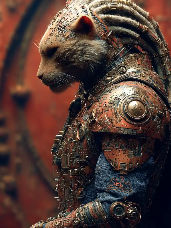 A profile shot of an anthropomorphic cat warrior clad in highly detailed,… — AI Model prompt by @AllaAisling