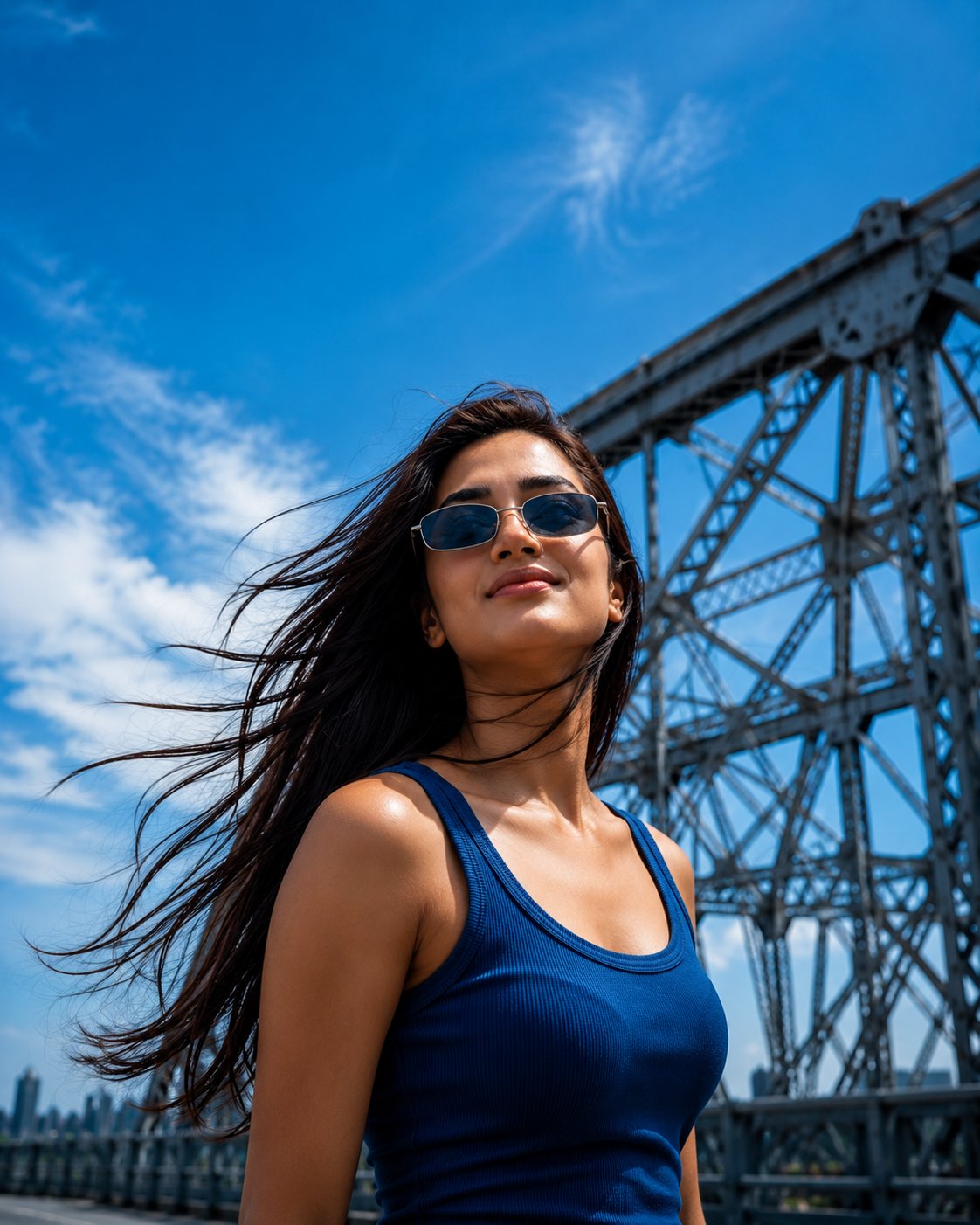 Wide urban lifestyle shot, woman in deep blue ribbed tank top standing on or… — Nano Banana 2 prompt by @meng_dagg695