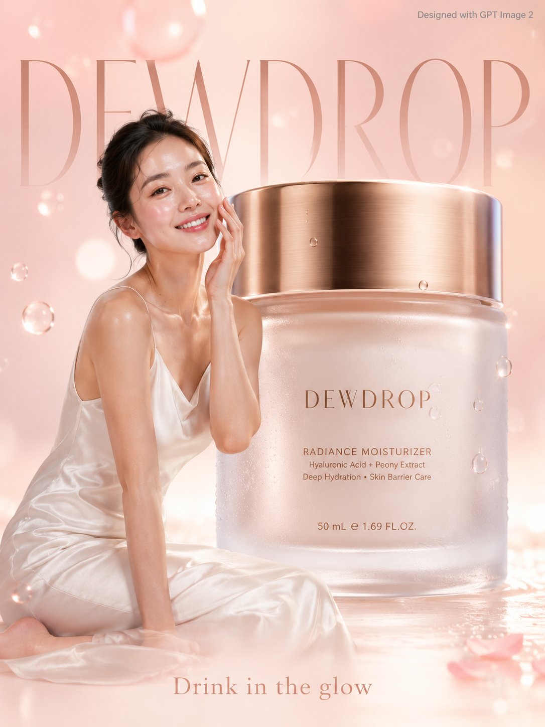 A soft premium skincare advertisement poster. A radiant young woman with dewy… — GPT Image 2 prompt by @Strength04_X