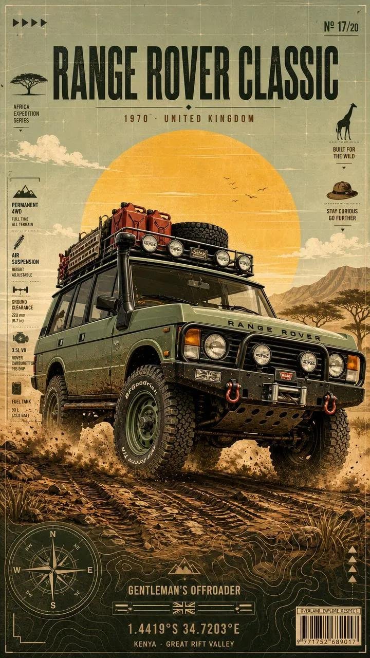 Ultra-detailed vintage overland expedition poster featuring a legendary classic… — GPT Image 2 prompt by @SimplyAnnisa
