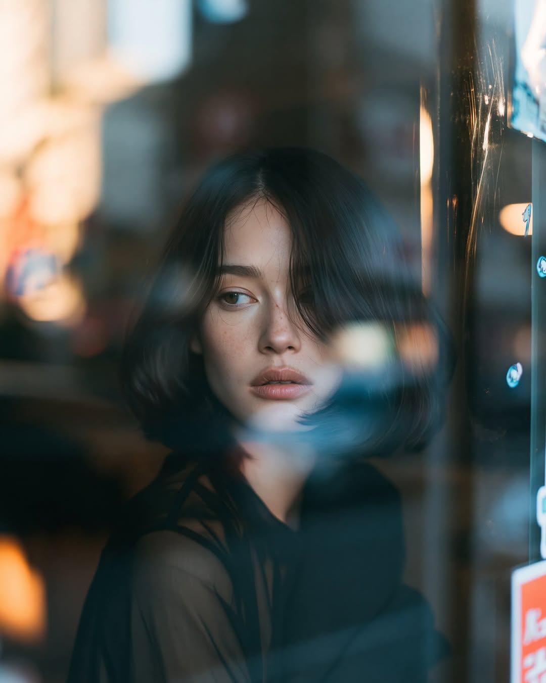 Ultra-cinematic close-up portrait of a young woman sitting inside a dark urban… — GPT Image 2 prompt by @Taaruk_