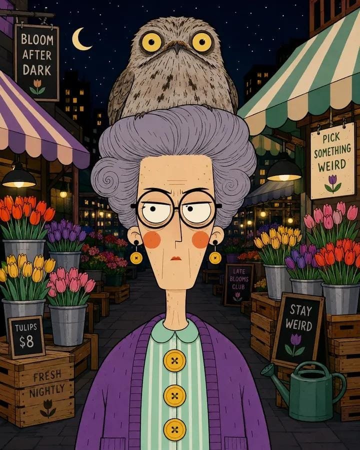Vertical quirky flat cartoon portrait of [HUMAN] with a tall geometric head,… — GPT Image 2 prompt by @SimplyAnnisa