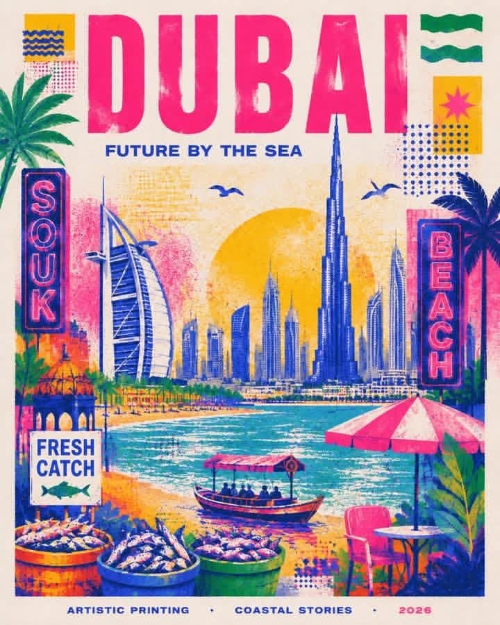 Create a stylish modern travel poster inspired by risography about DUBAI. Use… — GPT Image 2 prompt by @SimplyAnnisa