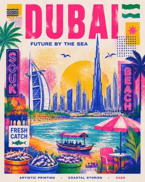 Create a stylish modern travel poster inspired by risography about DUBAI. Use… — GPT Image 2 prompt by @SimplyAnnisa