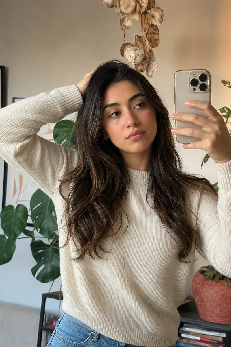 Ultra-realistic mirror selfie of a beautiful young woman standing in a modern,… — AI Model prompt by @oju689