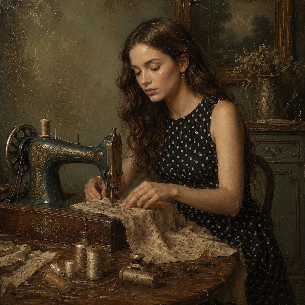Old master style realistic oil artwork, delicate lady with wavy brown hair,… — GPT Image 2 prompt by @Naiknelofar788