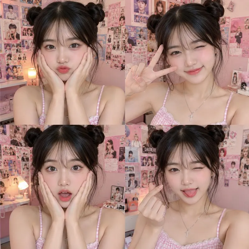Ultra-realistic Korean/Japanese idol-style 2×2 selfie collage using the… — AI Model prompt by @MissDelulu9