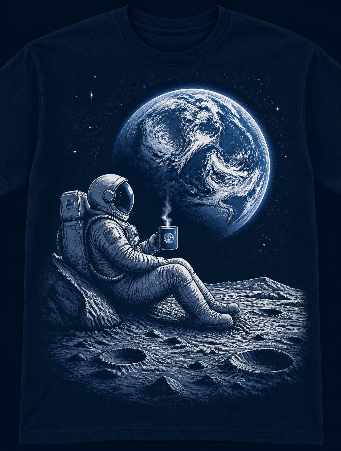 A graphic illustration centered on a dark navy blue t-shirt, depicting an… — AI-generated image by @lovimg_com using GPT Image 2