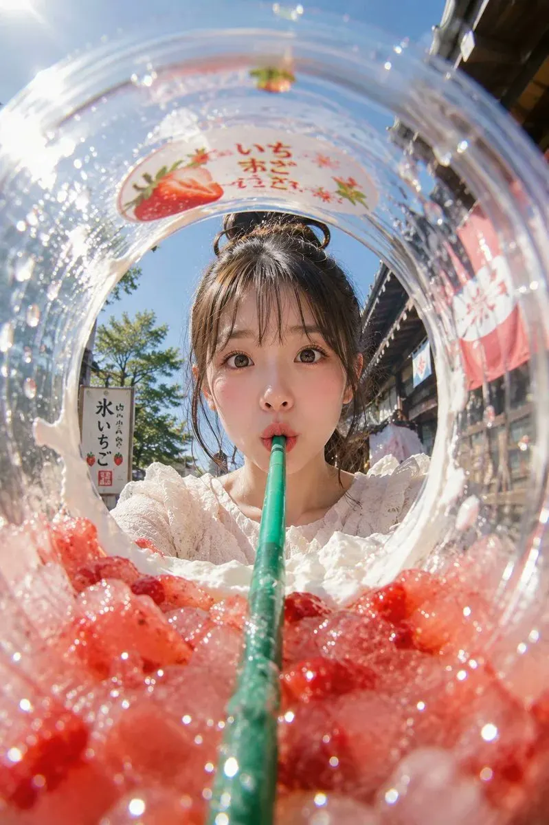 主題： 氷越しの夏 主体： 縦長2:3のリアル写真。透明な大型プラスチックカップの内側から見上げるような超広角フィッシュアイ構図。画面下半分いっぱいに赤いいちご… — GPT Image 2 prompt by @lovimg_com